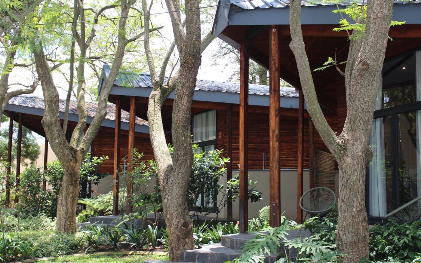 Timber-clad buildings at Qurtuba Precinct seen through mature trees